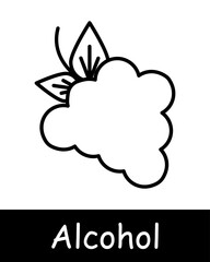 Alcohol set icon. Grapes, berry, choice, fermentation, aging, natural products, sommelier, drink with degree, tasting, love of booze, snack, black lines on white background. Wine work concept.