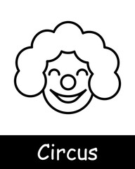 Circus set icon. Clown, wig, makeup, car nose, tricks, legerdemain, hippodrome, cirque, entertainment, fun, recreation, amusement ride, black lines on white background. Presentation concept.