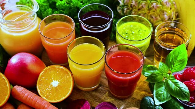 Glasses with fresh organic vegetable and fruit juices. Detox diet