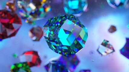 A close-up 3D animation of an explosion of colorful gems against a light blue backdrop