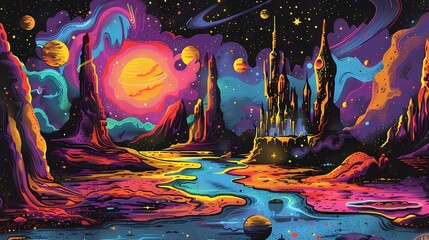 beautiful castle on a planet in galaxy illustration poster background