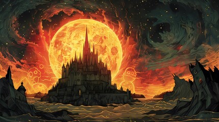 beautiful castle on a planet in galaxy illustration poster background