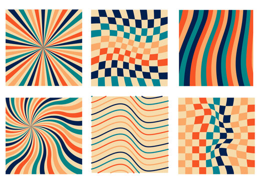 Groovy hippie 70s backgrounds. Checkboard, twisted and distorted lines. Vector illustration.