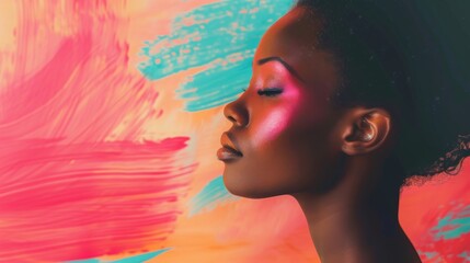 A thoughtful black woman is juxtaposed with vibrant, abstract brushstrokes, capturing a moment of...