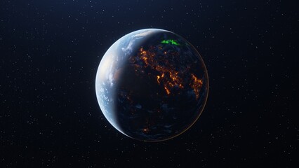3D rendering of Earth from space with half in darkness showing city lights and faint aurora