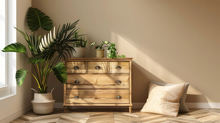 Chest of drawers with pillows and houseplants near bei