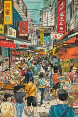 Naklejka premium A bustling Asian market in pop art style, bold colors, stylized food stalls, and exaggerated figures