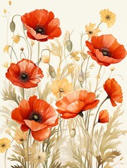Watercolor poppies and daisies spread across a cream background, highres, perfect for elegant wallpaper designs ,  simple lines drawing