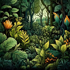 Obraz premium Dense forest scene with stylized leaves and hidden creatures, using intricate patterns, seamless for fabric design , high resolution