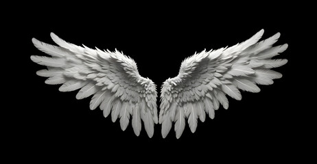 Realistic white angel wings isolated on solid black background
