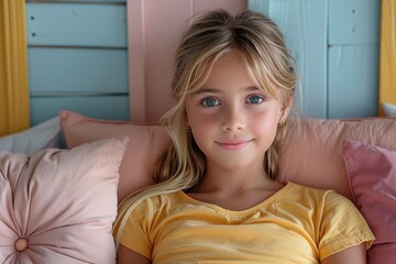 Naklejka premium A young girl with blue eyes and blond hair sits on a bed with pink pillows against a blue wooden wall. She wears a yellow shirt and looks at the camera.