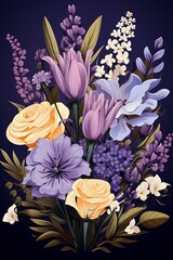 Lavender and sage bouquet, vivid and flat vector design, highres for printing on luxury fabrics and papers ,  high resolution