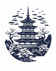 Pagoda silhouette with floral backdrop, repeating pattern in flat vector style, perfect for paper printing ,  simple lines drawing