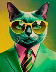 Digital illustration of an urban cat wearing a green suit and sunglasses with vibrant colors in a pop art or modern art style, interior decoration for a modern room