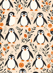 Obraz premium Floral Cute Baby Penguin Nursery Generative AI Illustration 