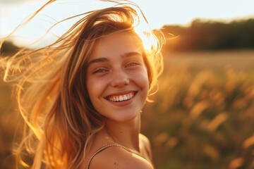 portrait of very happy woman enjoying the moment, hair waving in the wind, sunny, summer, very welcoming
