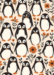Naklejka premium Floral Cute Baby Penguin Nursery Generative AI Illustration 