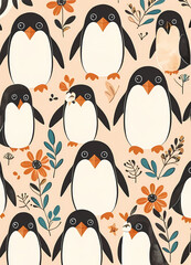 Obraz premium Floral Cute Baby Penguin Nursery Generative AI Illustration 