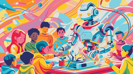 Futuristic Robot Workshop with Engaged Kids Illustration
