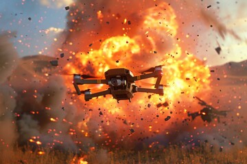 A drone malfunctioning and crashing into the battlefield creating a fiery explosion