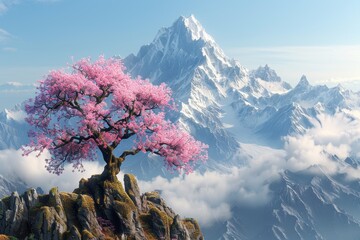 Pink Tree Standing on Mountain Top