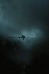 A drone silently observing an enemy encampment from a high altitude shrouded in darkness - obrazy, fototapety, plakaty