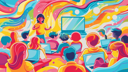 Colorful Illustration of Classroom with Teacher and Diverse Students Using Laptops