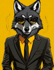 Digital illustration in yellow and black tones of a fox in a black suit, dark sunglasses, urban pop art style, modern art decorative illustration for interior decoration