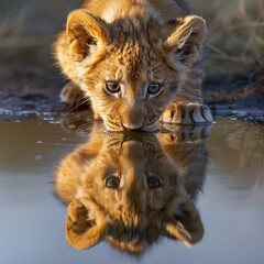 A heartwarming image of a lion cub gazing into the water, seeing its reflection as an adult lion 8K , high-resolution, ultra HD,up32K HD