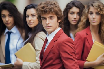 A group of people are standing together, one of them is wearing a red suit