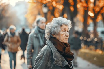 Elderly woman walking in the autumn park with her family. - Powered by Adobe