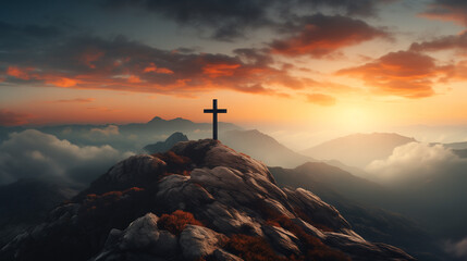 A cross atop the mountain against a beautiful sunset sky, with clouds and mist in the valley below.