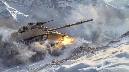 A hyper-realistic illustration of an Military tank M1 Abrams firing its main gun on a snowy mountainside The powerful blast melts the snow around the muzzle flash