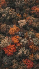 A MALE drone camouflaged to blend seamlessly with a vibrant autumn forest, questioning the nature of observation