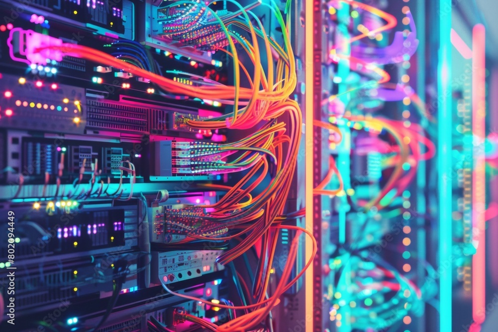 Aufkleber a pixelated tangle of brightly colored network cables behind a server rack, creating a chaotic yet n