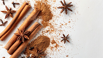 Cinnamon sticks with powder and anise stars on white - obrazy, fototapety, plakaty