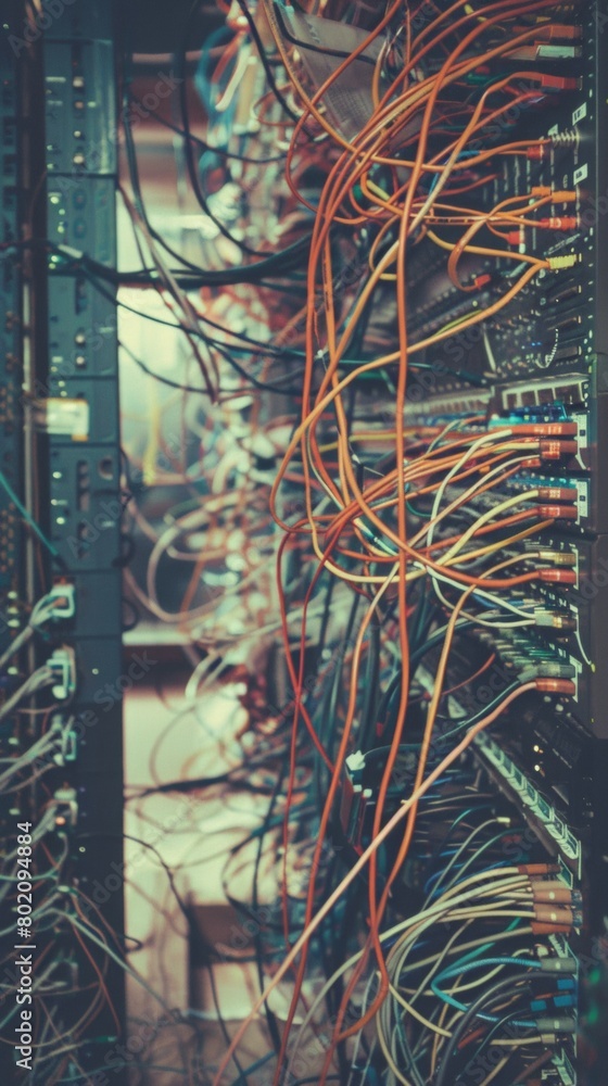 Aufkleber a pixelated tangle of brightly colored network cables behind a server rack, creating a chaotic yet n
