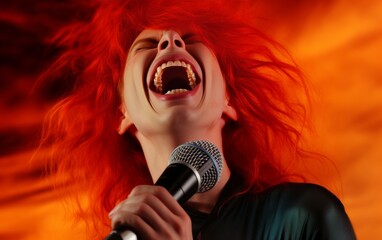A woman with red hair singing into a microphone