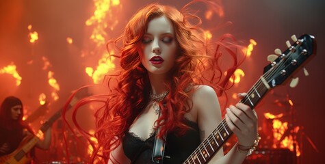 A woman with red hair is playing a guitar in front of a fire