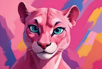 Cartoon pink panther with bright blue eyes.