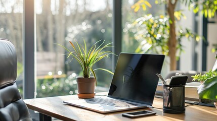 Fototapeta premium Neatly arranged morning light business office table with laptop, mobile phone and mouse and green plants