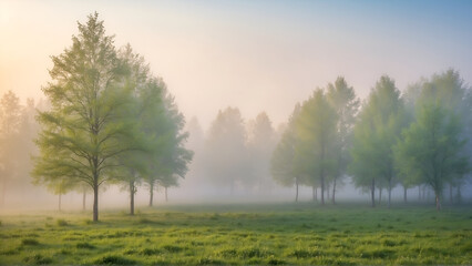 Spring forest at misty morning 