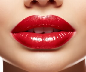Obraz premium A woman's lips are painted red with a white gloss