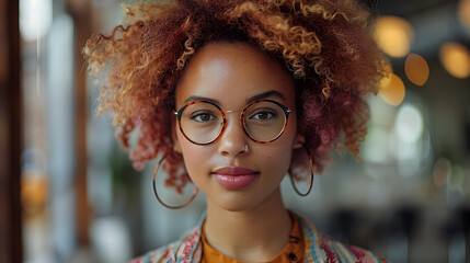 Biracial Woman in Colorful Glasses, To showcase the bold and vibrant style of a modern, confident biracial woman, with a focus on her unique fashion - Powered by Adobe