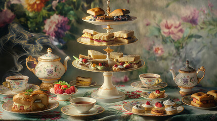 A table set with a three-tiered stand of sandwiches, scones, and pastries. There is a teapot and several teacups on the table.

