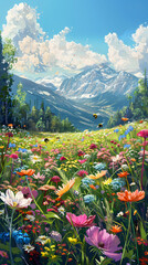 landscape of a vibrant meadow under a clear blue sky, with a variety of colorful flowers blooming, bees buzzing around, and a distant mountain range in the background