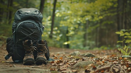 A backpack and hiking boots at the start of a forest trail.