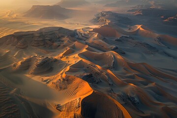 Aerial view of a vast desert landscape, wind-sculpted sand dunes casting long, dramatic shadows