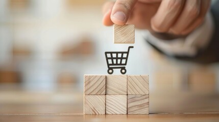 Hand arranging wood block stacking with icon Graph and shopping cart symbol upward direction