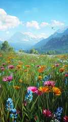 Fototapeta premium landscape of a vibrant meadow under a clear blue sky, with a variety of colorful flowers blooming, bees buzzing around, and a distant mountain range in the background